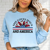 She Loves Jesus and America | Patriotic Faith Sweatshirt