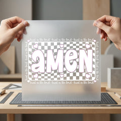 Amen Checkered Pink Text Christian Faith Ready to Press DTF Transfer for Dtf