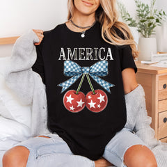 America Cherries Gingham Patriotic 4th Of July Patriotic Ready to Press DTF Transfer for Dtf