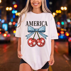 America Cherries Gingham Patriotic 4th Of July Patriotic Ready to Press DTF Transfer for Dtf
