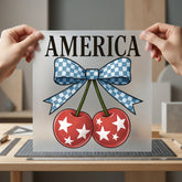 America Cherries Gingham Patriotic 4th Of July Patriotic Ready to Press DTF Transfer for Dtf