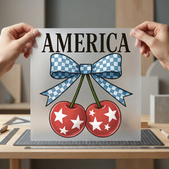 America Cherries Gingham Patriotic 4th Of July Patriotic Ready to Press DTF Transfer for Dtf