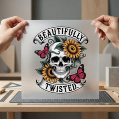Beautifully Twisted Skull Sunflowers Vintage Retro Ready to Press DTF Transfer for Dtf