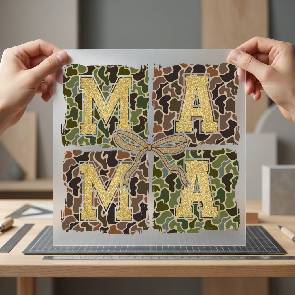 Camo Mama Glitter Bow Usa Mom Ready to Press DTF Transfer for Dtf