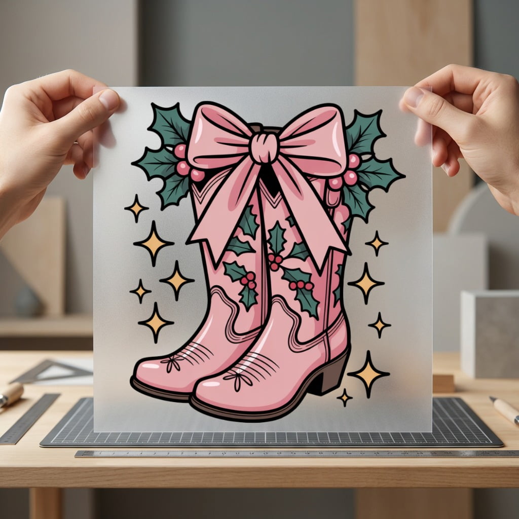 Christmas Pink Cowboy Boots Usa Christmas Ready to Press DTF Transfer for Dtf