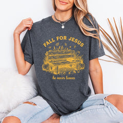Fall For Jesus He Never Leaves | Autumn Faith Tee - Luckets.com