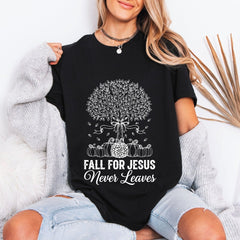 Fall For Jesus Never Leaves | Autumn Faith Tree Tee - Luckets.com