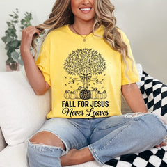 Fall For Jesus Never Leaves | Autumn Faith Tree Tee - Luckets.com