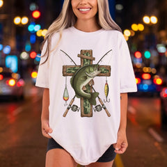 Fishing Bass Cross Rustic Christian Faith Ready to Press DTF Transfer for Dtf
