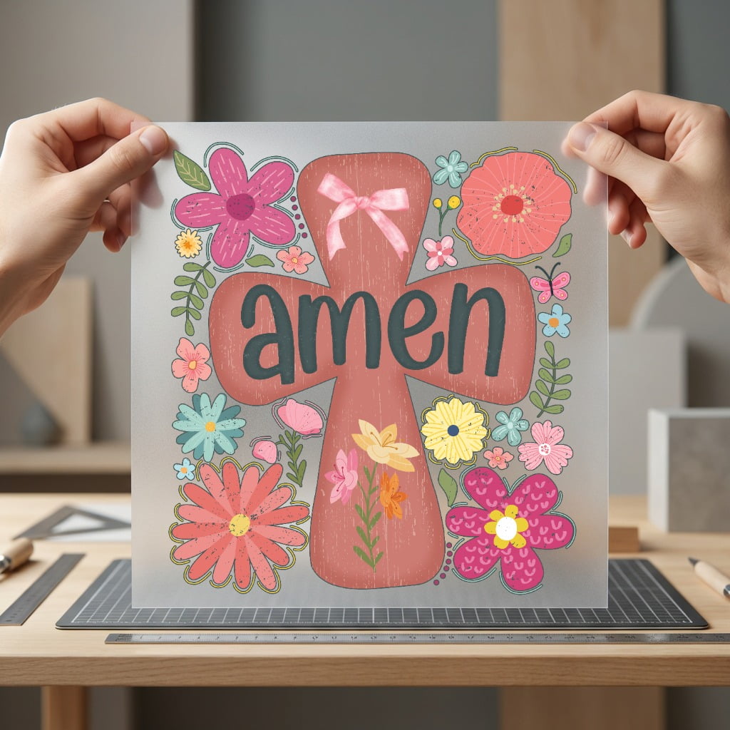Floral Cross Amen Faith-based Christian Faith Ready to Press DTF Transfer for Dtf