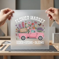 Flower Market Pink Truck Vintage Retro Ready to Press DTF Transfer for Dtf