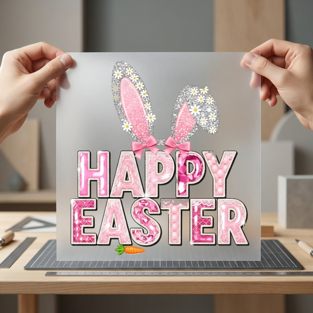 Happy Easter Glitter Bunny Easter Spring Ready to Press DTF Transfer for Dtf