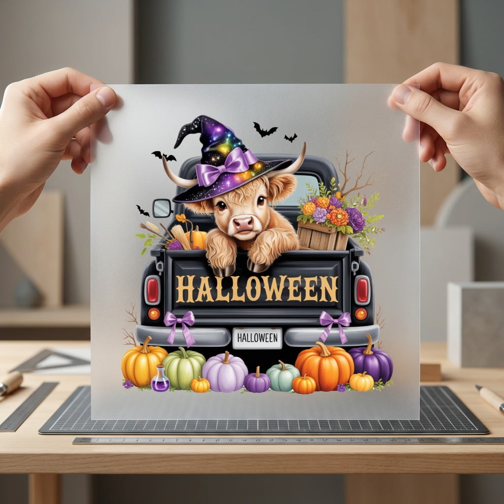 Highland Cow Halloween Truck Halloween Pet Ready to Press DTF Transfer for Dtf