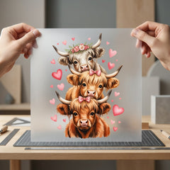 Highland Cow Stack Hearts Valentine Country Ready to Press DTF Transfer for Dtf