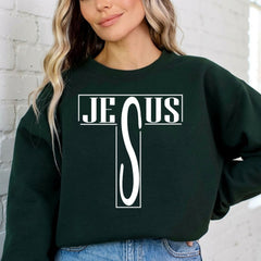 JESUS Letter Cross | Bold Faith Statement Sweatshirt - Luckets.com