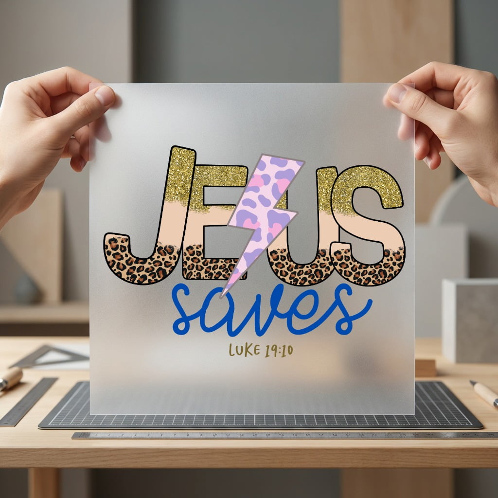 Jesus Saves Leopard Glitter Christian Faith Ready to Press DTF Transfer for Dtf