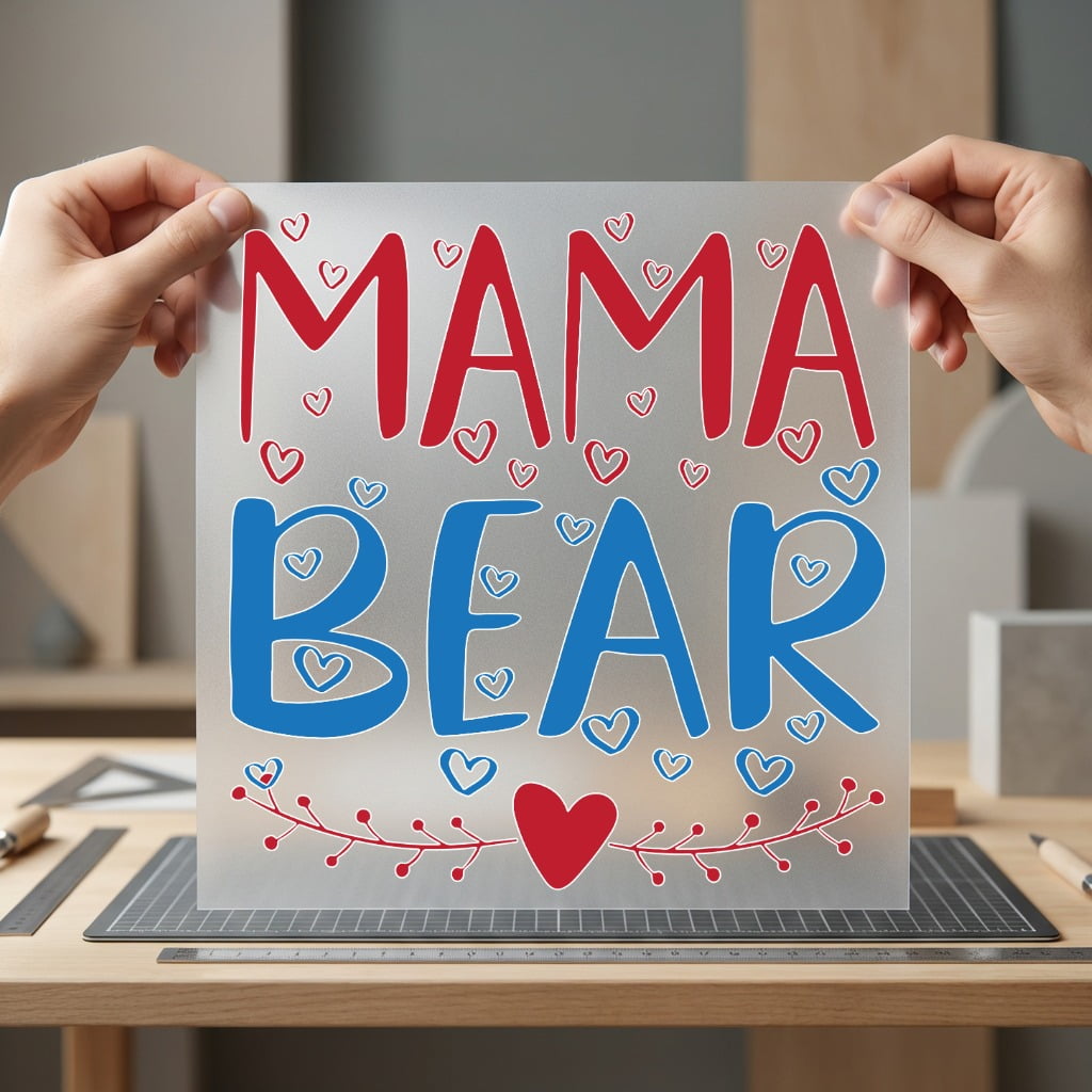 Mama Bear script design with three hearts on a comfortable grey crewneck sweatshirt.