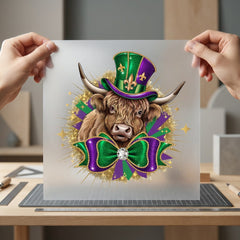 Mardi Gras Highland Cow Mardi Gras Pet Ready to Press DTF Transfer for Dtf