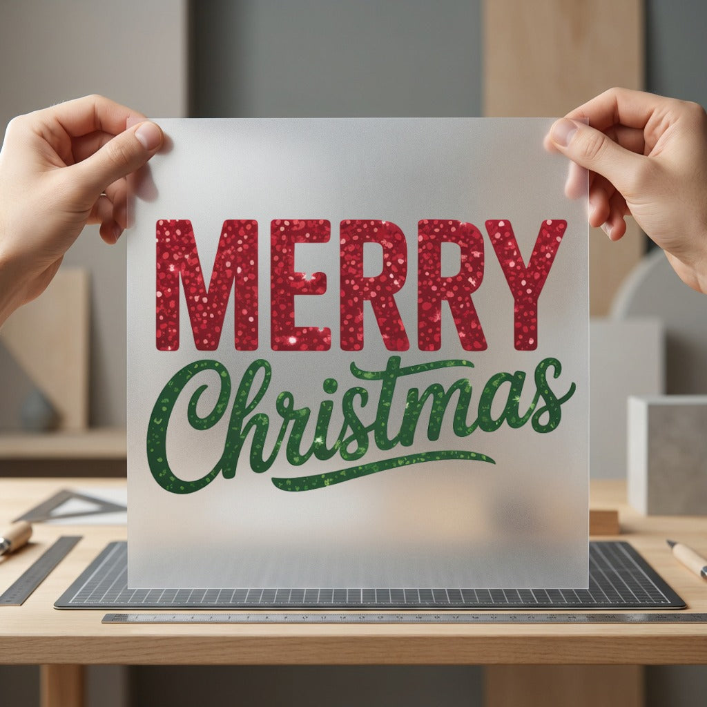 Merry Christmas Glitter Script Christmas Vintage Ready to Press DTF Transfer for Dtf