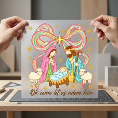 Nativity Scene Rainbow Ribbons Faith Christmas Ready to Press DTF Transfer for Dtf