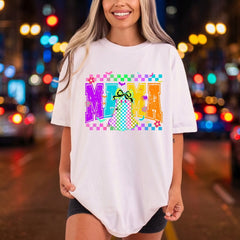 Neon Checkerboard Mama Ghost Halloween Mom Ready to Press DTF Transfer for Dtf
