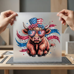 Patriotic Highland Cow Americana 4th Of July Patriotic Ready to Press DTF Transfer for Dtf
