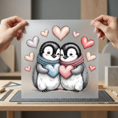 Penguin Couple Love Heart Valentine Ready to Press DTF Transfer for Dtf