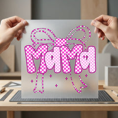 Pink Checkered Mama Bow Mom Mama Ready to Press DTF Transfer for Dtf