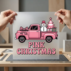 Pink Christmas Truck Snowman Christmas Retro Ready to Press DTF Transfer for Dtf