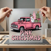 Pink Christmas Truck Snowman Christmas Vintage Ready to Press DTF Transfer for Dtf