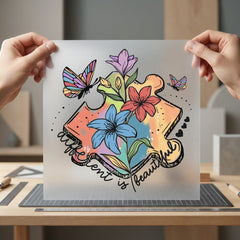 Rainbow Puzzle Piece Flowers Floral Butterfly Ready to Press DTF Transfer for Dtf