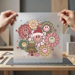Retro Christmas Smiley Flowers Christmas Vintage Ready to Press DTF Transfer for Dtf