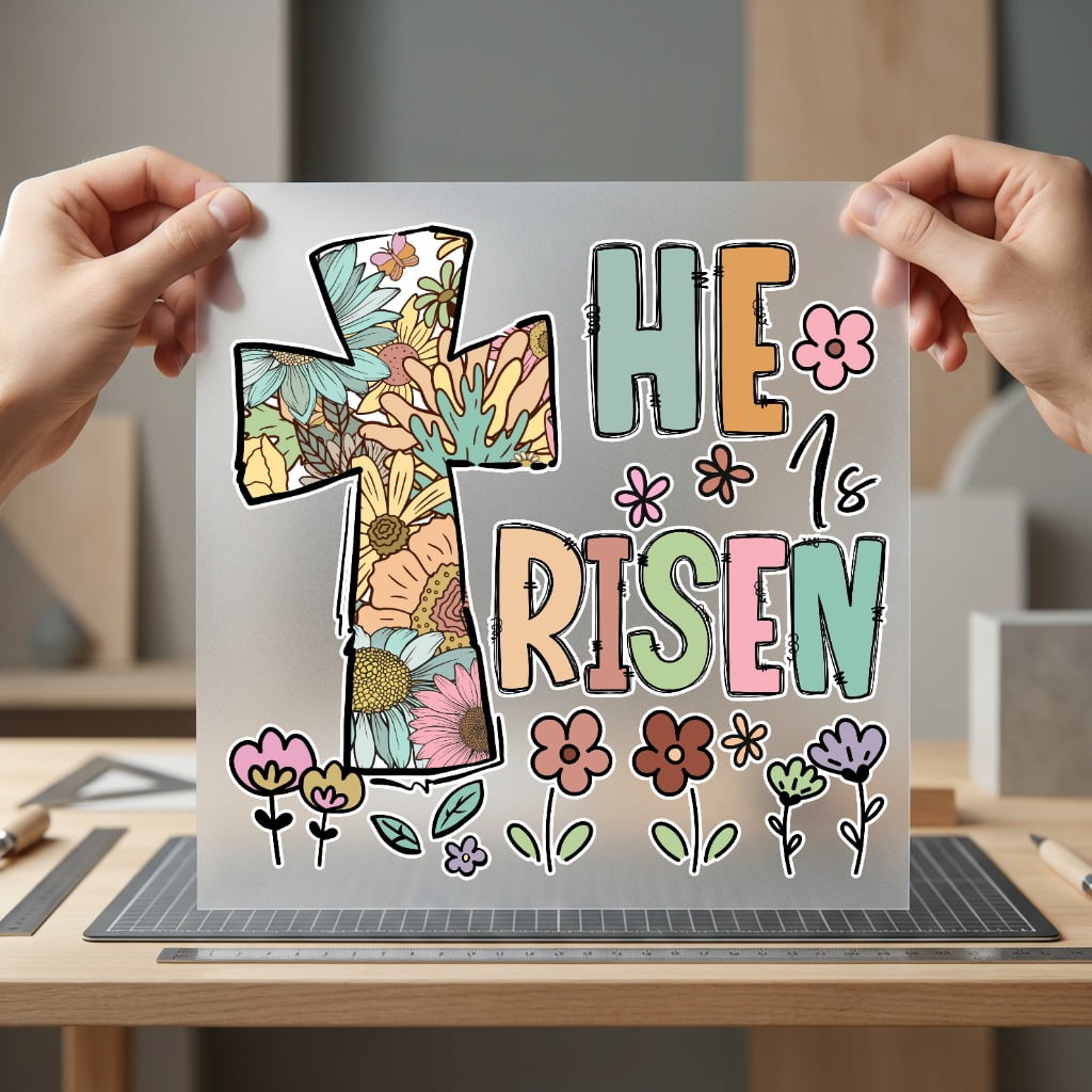 Risen Floral Cross Spring Christian Faith Ready to Press DTF Transfer for Dtf
