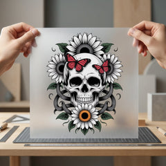 Skull Sunflower Butterfly Gothic Halloween Skull Ready to Press DTF Transfer for Dtf