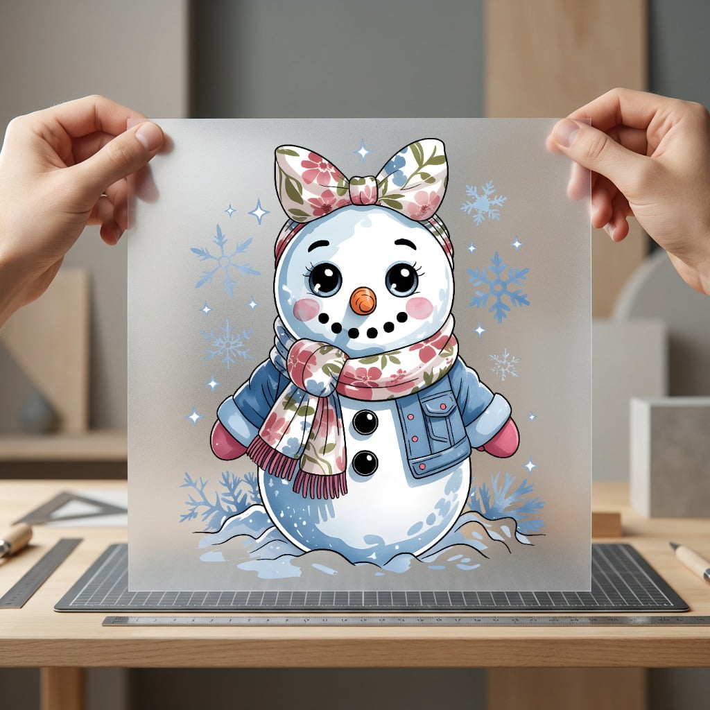 Snowman Girl Scarf Denim Christmas Winter Ready to Press DTF Transfer for Dtf
