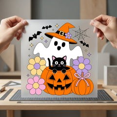 Spooky Ghost Cat Pumpkin Halloween Retro Ready to Press DTF Transfer for Dtf