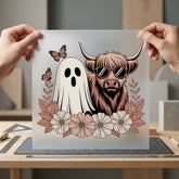 Spooky Highland Cow Ghost Halloween Boho Ready to Press DTF Transfer for Dtf