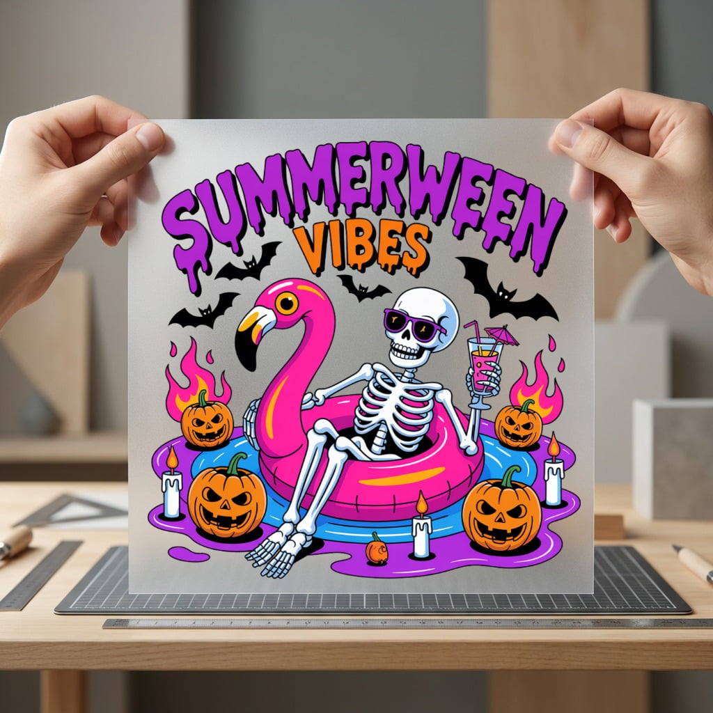 Summerween Vibes Skeleton Flamingo Halloween Ready to Press DTF Transfer for Dtf