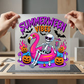 Summerween Vibes Skeleton Flamingo Halloween Ready to Press DTF Transfer for Dtf