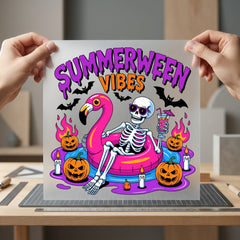 Summerween Vibes Skeleton Flamingo Halloween Ready to Press DTF Transfer for Dtf