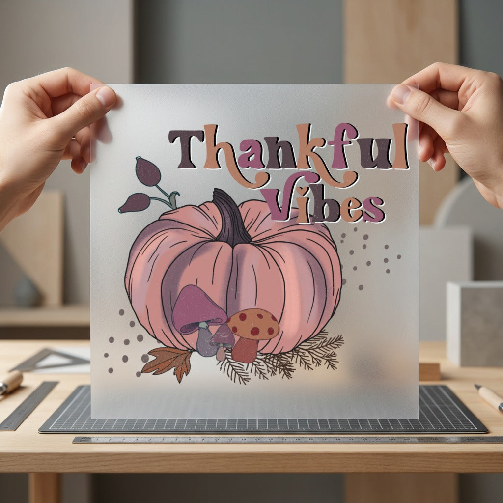 Thankful Vibes Pumpkin Mushroom Thanksgiving Autumn Ready to Press DTF Transfer for Dtf