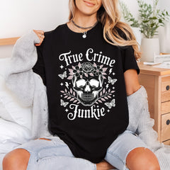 True Crime Junkie Floral Halloween Skull Ready to Press DTF Transfer for Dtf