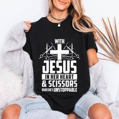 Unstoppable With Jesus & Scissors | Hair Stylist Faith Tee - Luckets.com