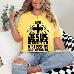 Unstoppable With Jesus & Scissors | Hair Stylist Faith Tee - Luckets.com