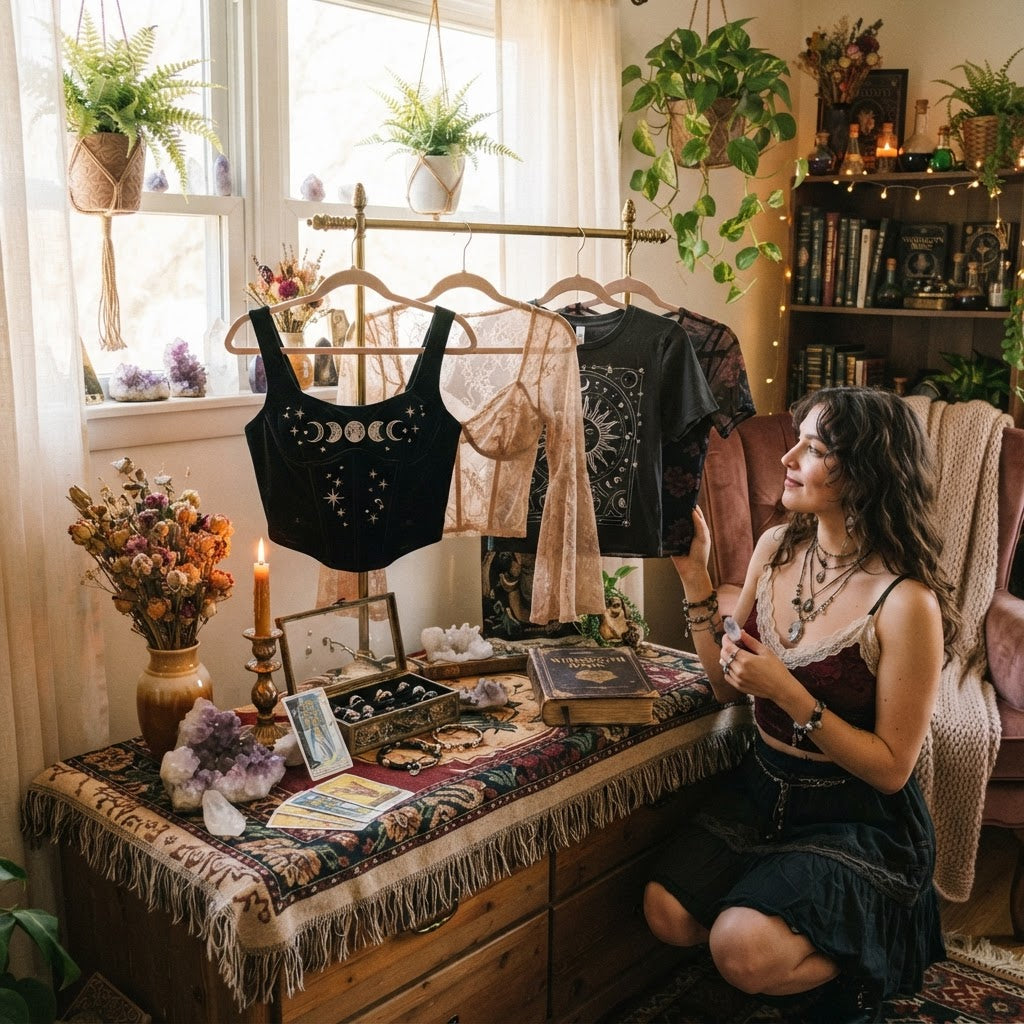 Witchy Aesthetic Gift Guide: Whimsigoth Crop Tops & Tops
