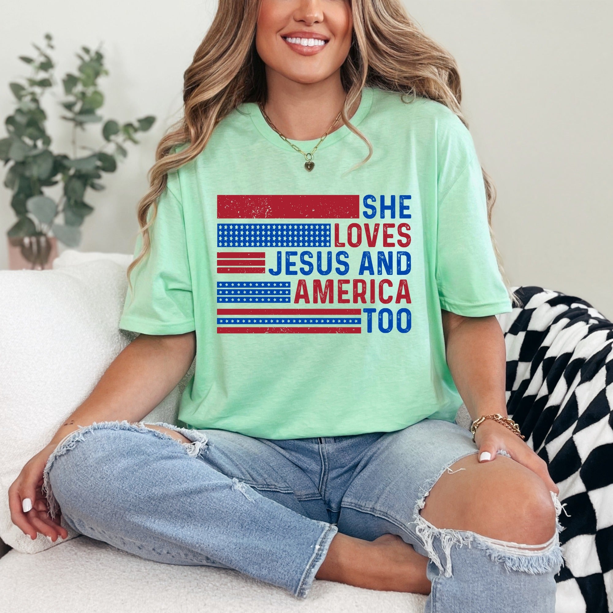 She Loves Jesus And America Too | Patriotic Faith Tee