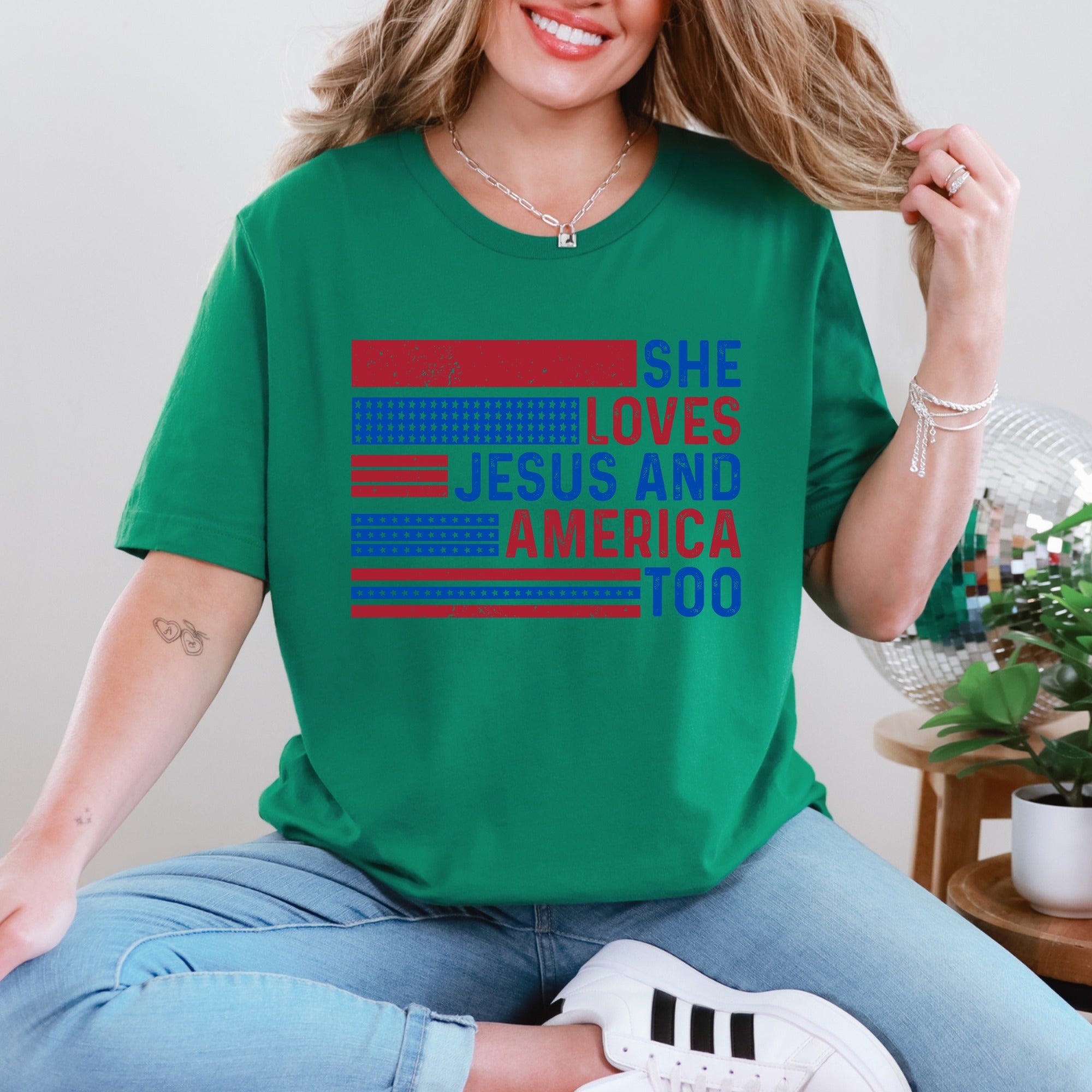 She Loves Jesus And America Too | Patriotic Faith Tee