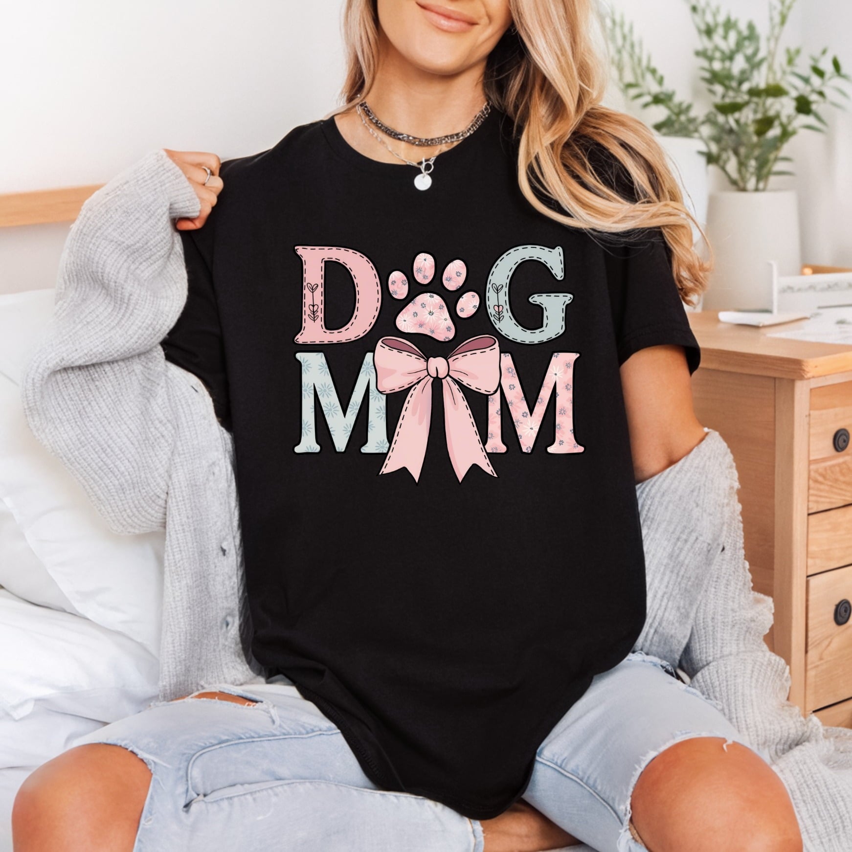 Adorably Stitched Dog Mom Mom Dad Ready to Press DTF Transfer for Dtf