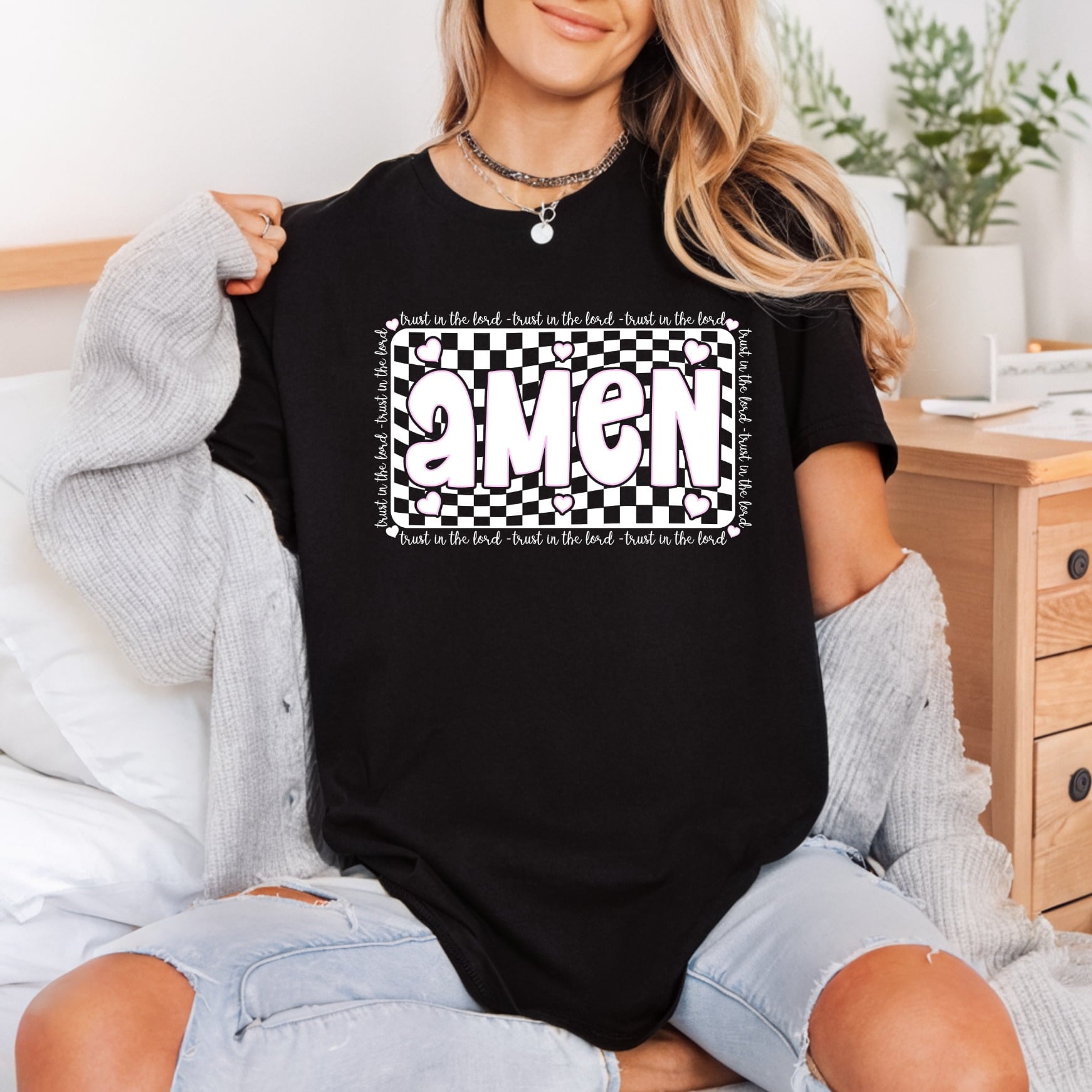 Amen Checkered Pink Text Christian Faith Ready to Press DTF Transfer for Dtf