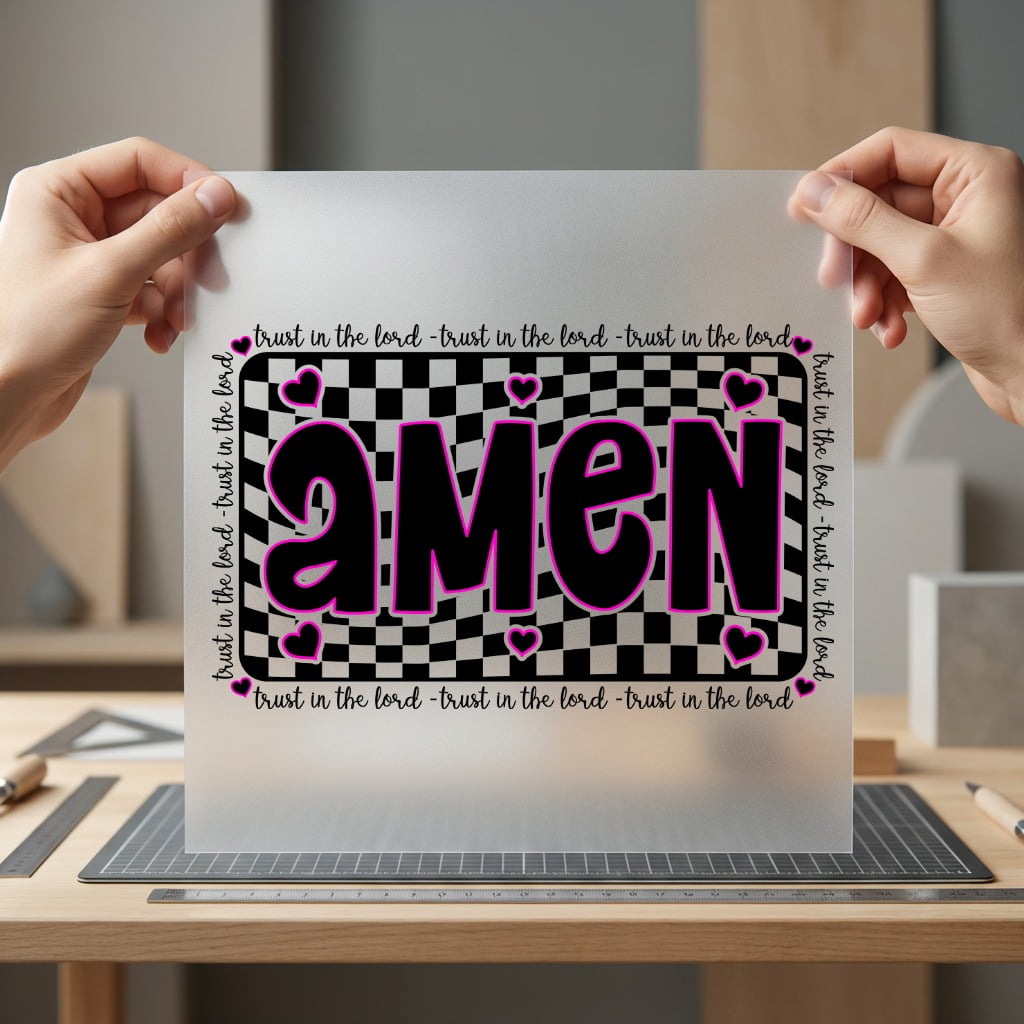 Amen Checkered Pink Text Christian Faith Ready to Press DTF Transfer for Dtf